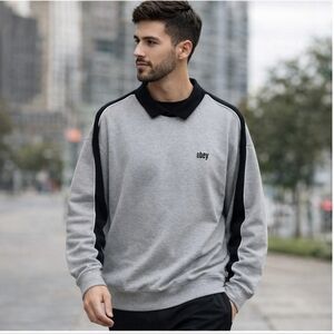 Obey Gray Collared Crewneck Streetwear Sweatshirt Size Small